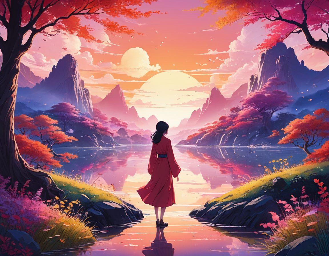 A captivating scene showcasing an ethereal blend of anime-style characters, embodying intricate designs and vibrant colors, set against a dreamy and surreal background filled with abstract art elements. Incorporate elements of adult artistry, emphasizing elegance and deep emotions, while maintaining a tasteful and artistic representation. Enhance the atmosphere with soft lighting effects that create a whimsical yet mature tone. painting. vibrant colors. fantasy.