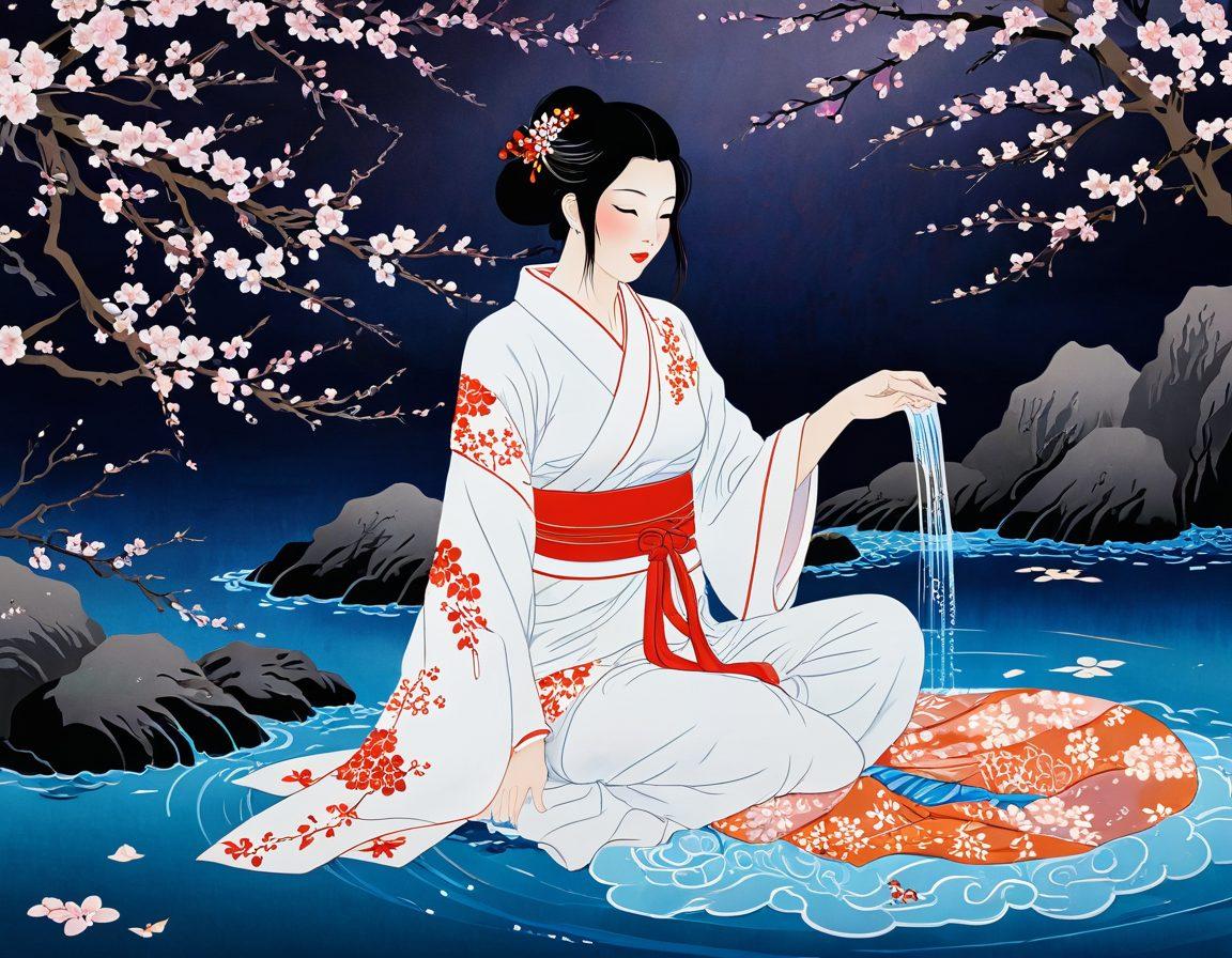 Create a visually captivating fusion of traditional Japanese art and modern eroticism, featuring elegant characters in sensual poses adorned with intricate patterns and bold colors. Incorporate elements of nature, like cherry blossoms and flowing water, juxtaposed with abstract shapes symbolizing passion and desire. The background should evoke a dreamy atmosphere that invites exploration, blending soft hues with vibrant accents. Art style should be reminiscent of Ukiyo-e combined with contemporary digital illustration. super-realistic. vibrant colors. intricate details.